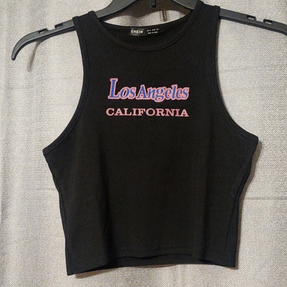 SHEIN Black "Los Angeles, CA" Cropped Tank Top Sz Med EUC